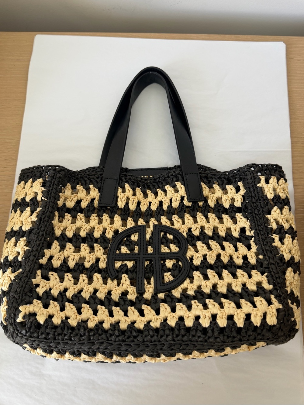 Anine Bing Black and Cream Crochet Logo Tote